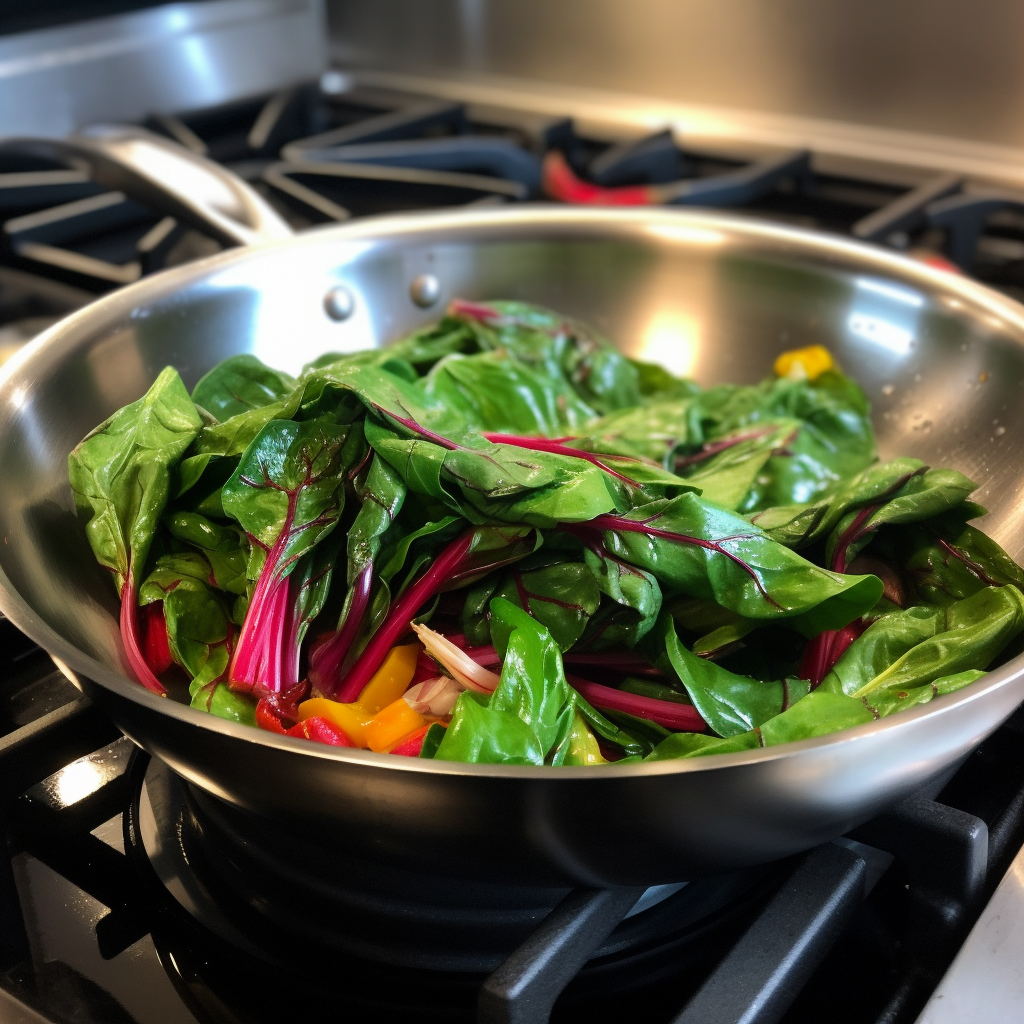 Swiss chard being sautéed in a wok on the stove, showcasing a delicious and unique vegetable dish