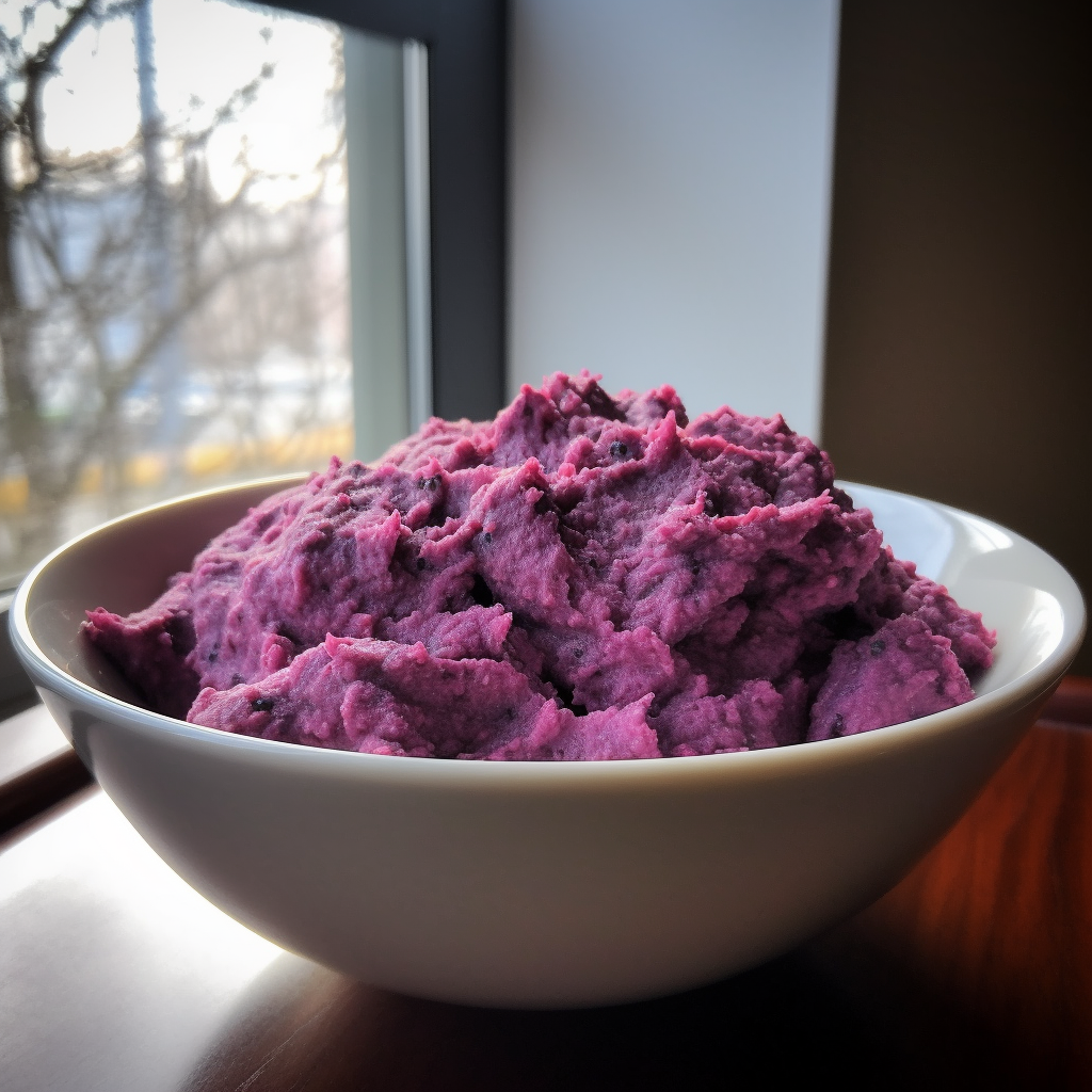 Bowl of delicious purple sweet potato mash, displaying its vibrant color and creamy texture, perfect for a nutritious side dish