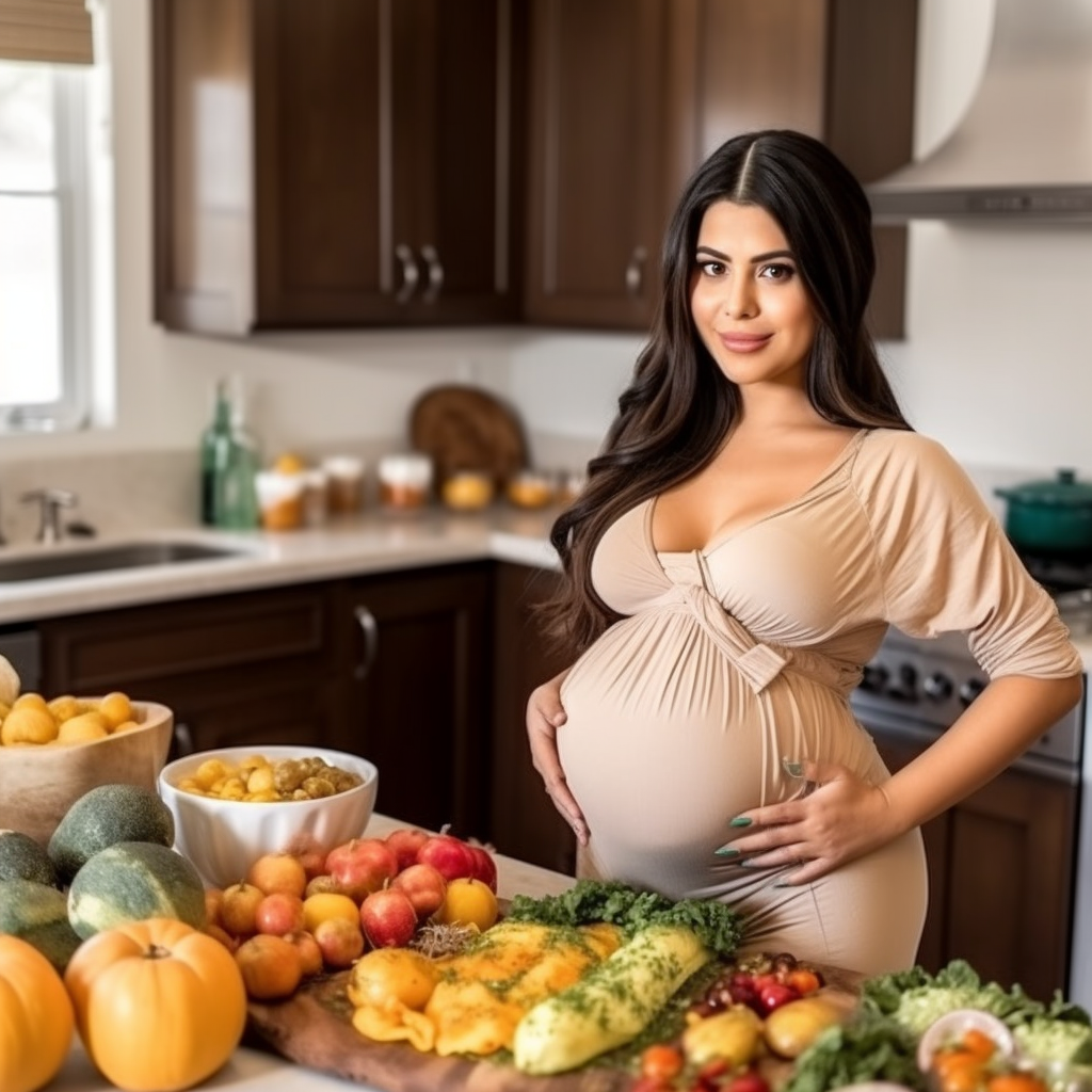 Exotic pregnant woman happily preparing a variety of healthy foods in her kitchen for a nutritious pregnancy diet