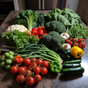 A vibrant assortment of diabetic-friendly vegetables, including green beans, Brussels sprouts, and leafy greens, arranged in a colorful display.