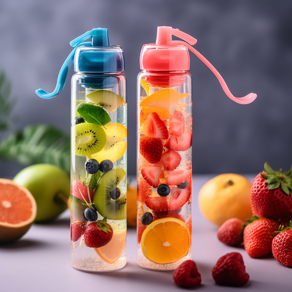 fruit infuser water bottle filled with colorful, fresh fruit slices, promoting healthy hydration and a refreshing lifestyle