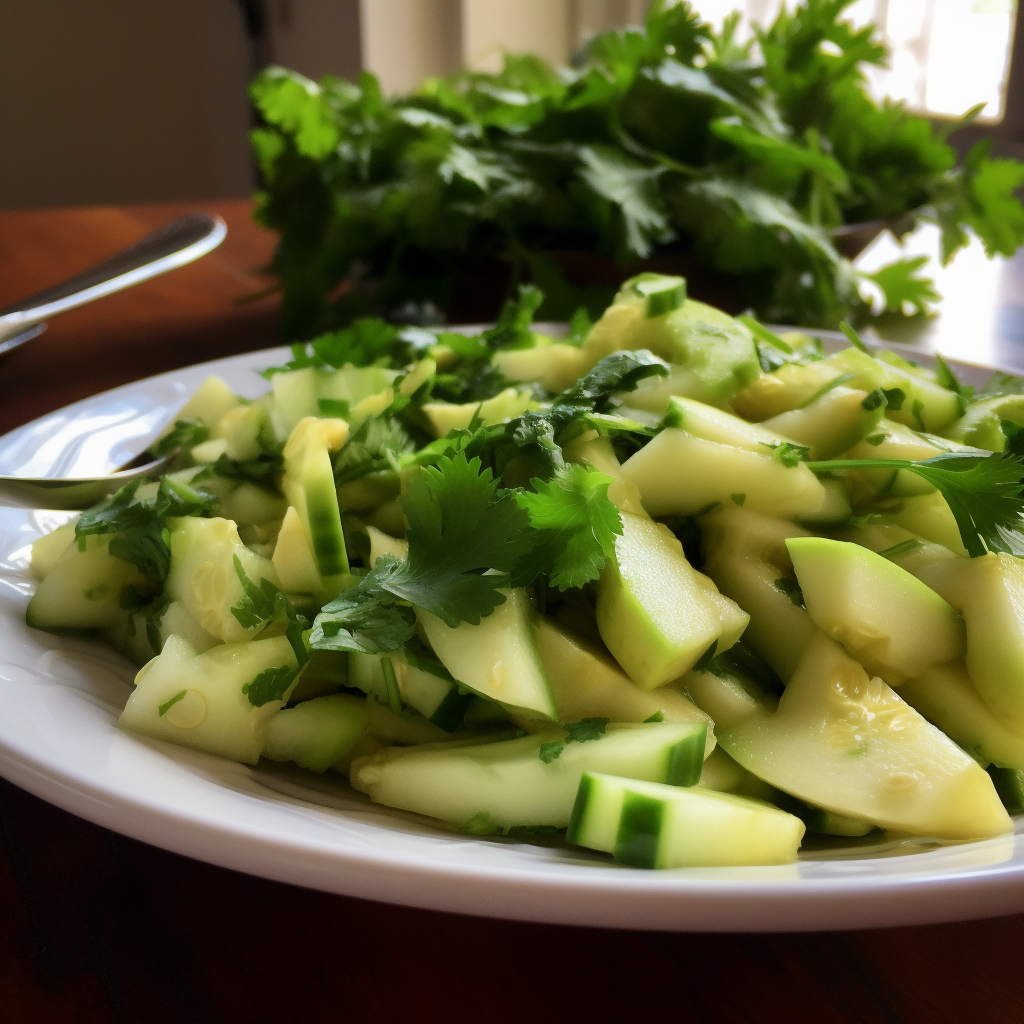 Chayote green salad with fresh cilantro, lime juice, and cucumber slices, highlighting a unique and healthy vegetable option