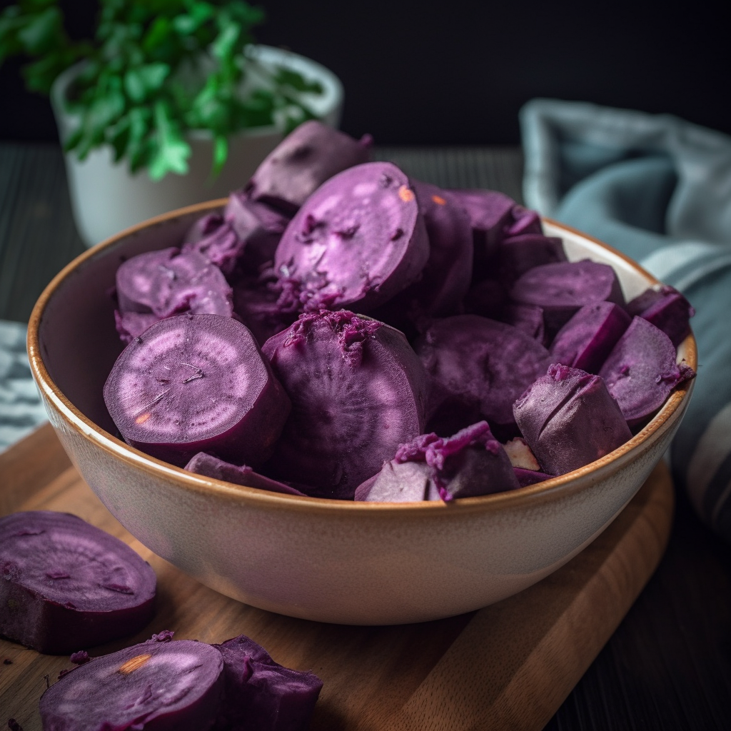 Bowl of freshly sliced purple sweet potatoes, showcasing their vibrant color and unique texture, ready for cooking or baking