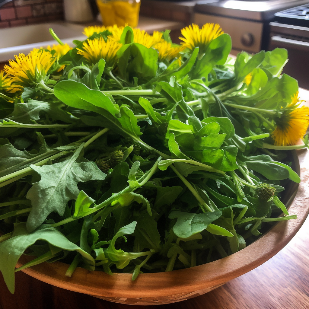 Bowl of fresh dandelion greens, showcasing their vibrant color and unique texture, ready for a healthy meal addition