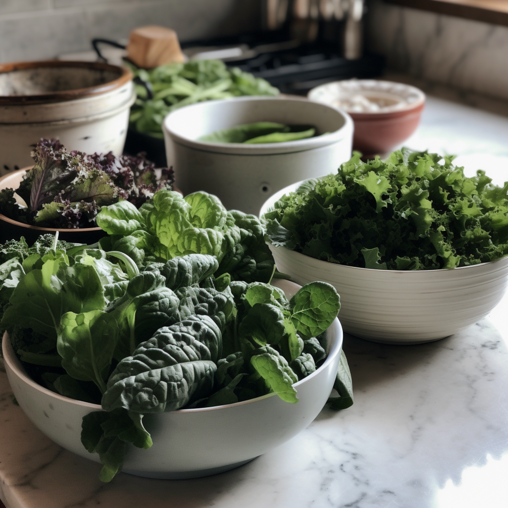 Bowl of mixed leafy greens, including spinach, kale, and collard greens, packed with nutrients and fiber for a healthy diet and improved digestion